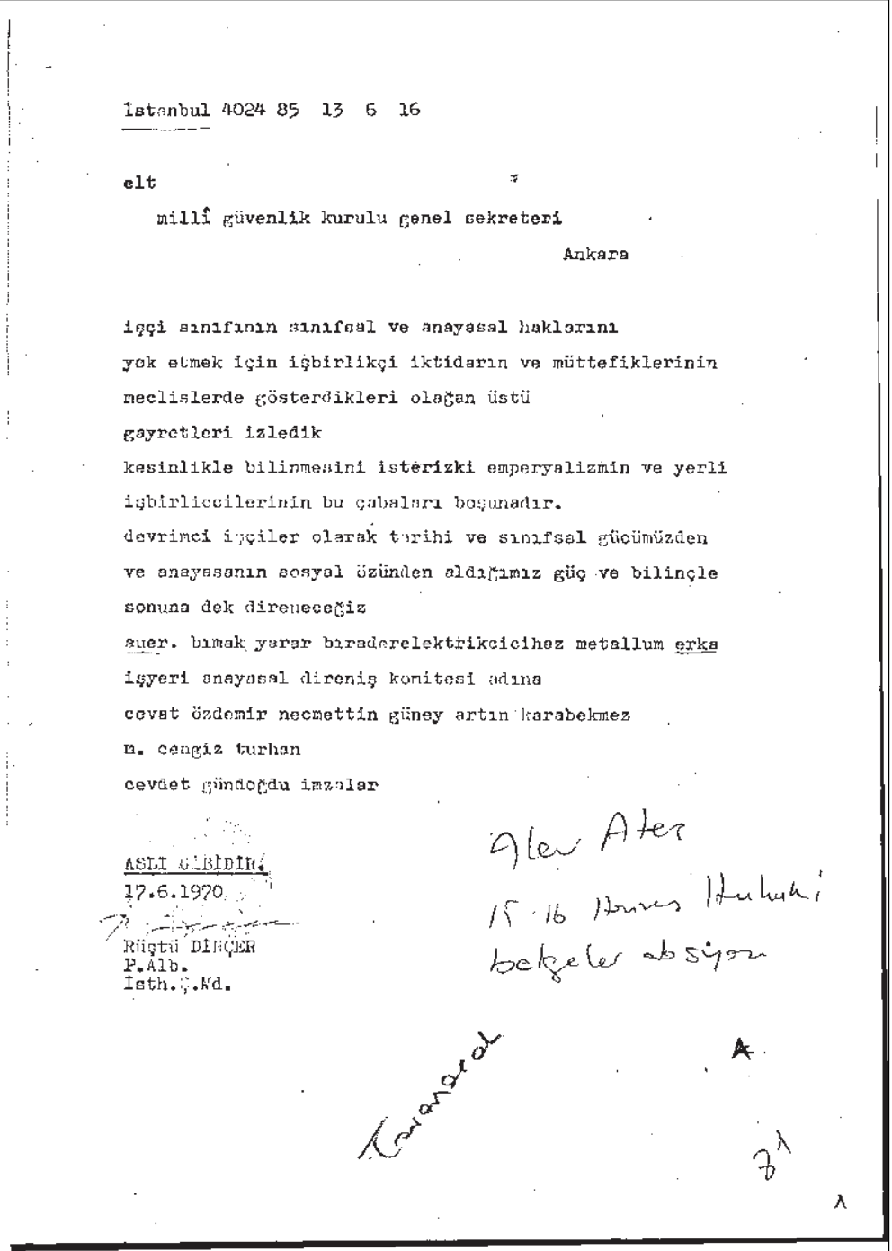 Anayasal Direniş Komitesi telgrafı, 13 Haziran 1970