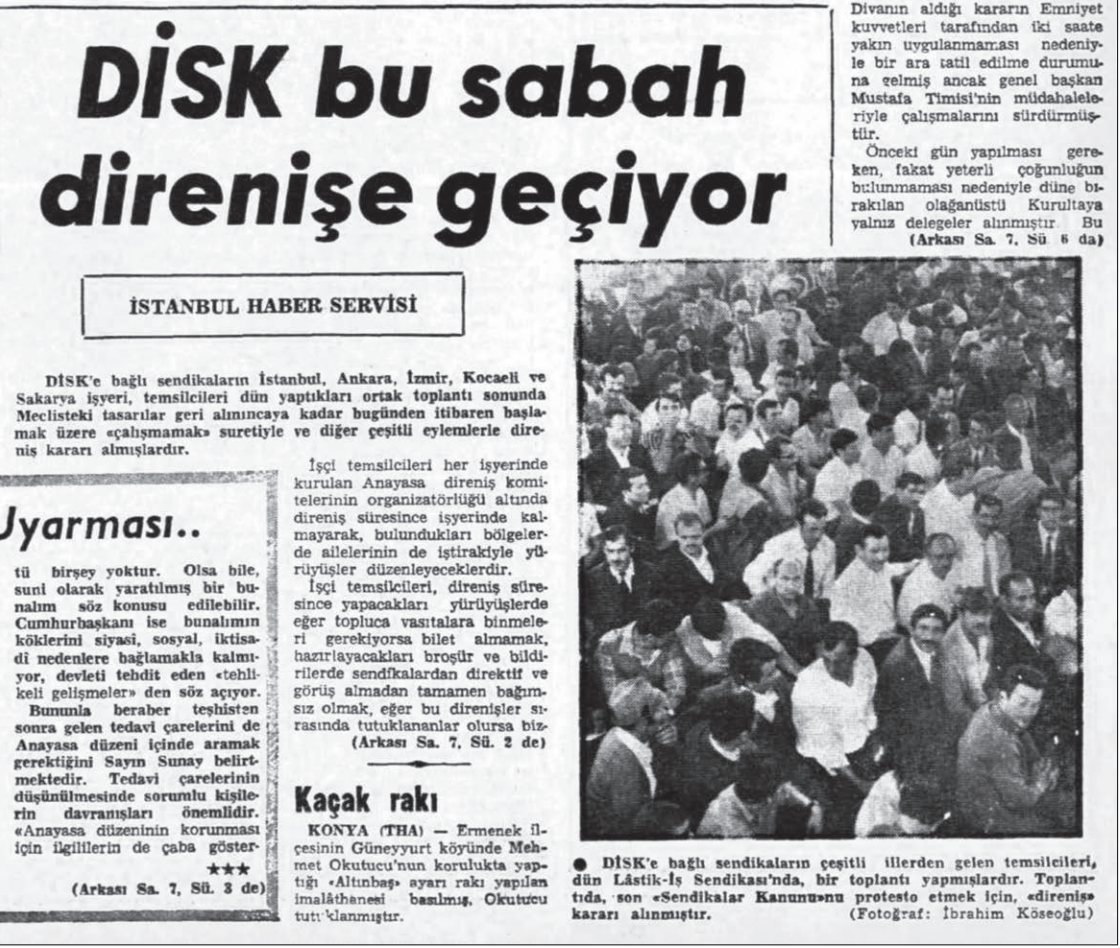 Cumhuriyet gazetesinin 15 Haziran 1970 tarihli 'DİSK bu sabah direnişe geçiyor' manşeti